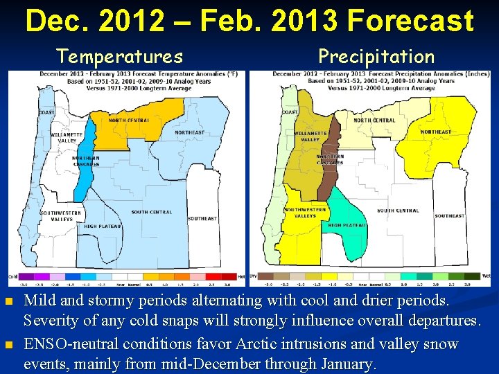 Dec. 2012 – Feb. 2013 Forecast Temperatures n n Precipitation Mild and stormy periods