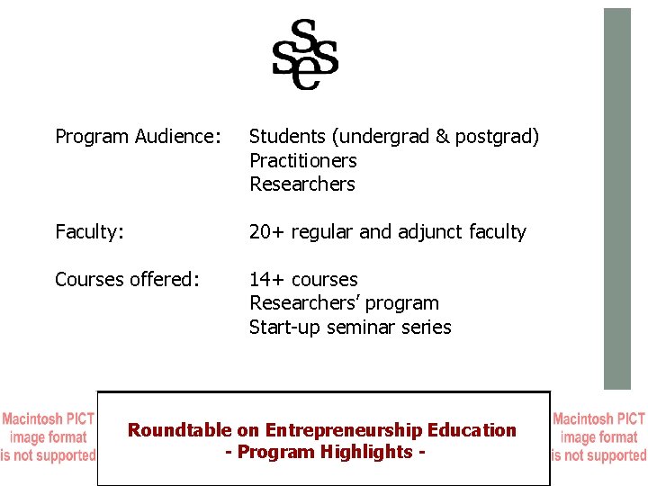 Program Audience: Students (undergrad & postgrad) Practitioners Researchers Faculty: 20+ regular and adjunct faculty
