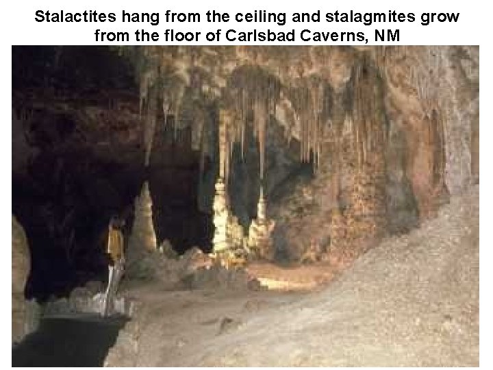 Stalactites hang from the ceiling and stalagmites grow from the floor of Carlsbad Caverns,