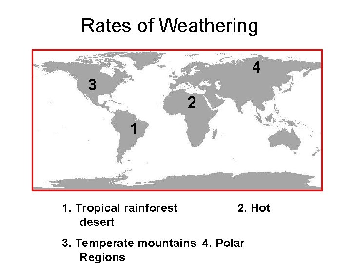 Rates of Weathering 4 3 2 1 1. Tropical rainforest desert 2. Hot 3.
