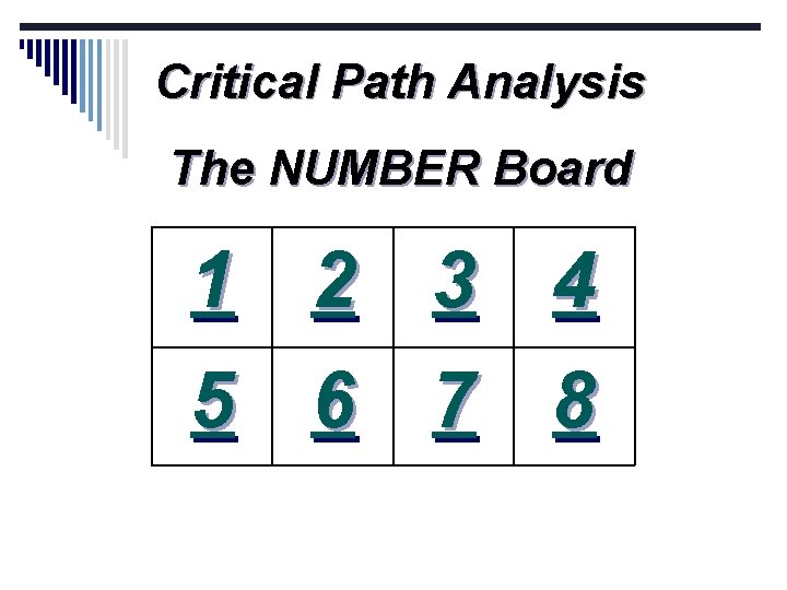 Critical Path Analysis The NUMBER Board 1 5 2 6 3 7 4 8