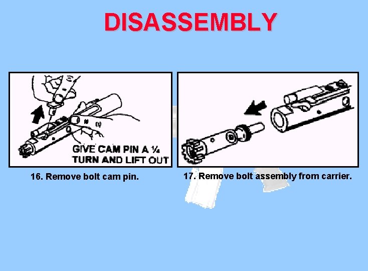 DISASSEMBLY 16. Remove bolt cam pin. 17. Remove bolt assembly from carrier. 