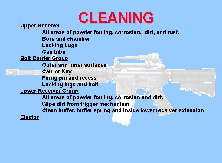 CLEANING Upper Receiver All areas of powder fouling, corrosion, dirt, and rust. Bore and