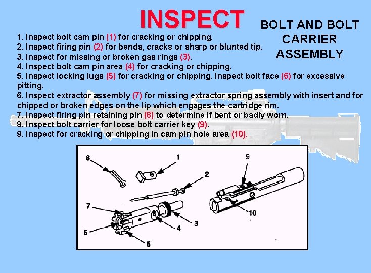 INSPECT BOLT AND BOLT 1. Inspect bolt cam pin (1) for cracking or chipping.