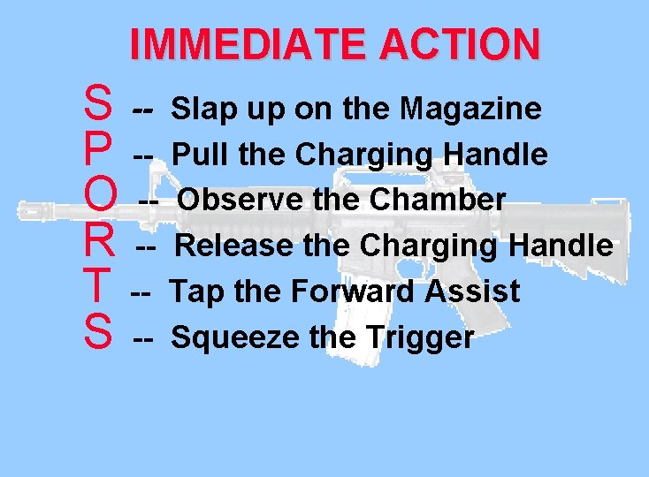 IMMEDIATE ACTION S -- Slap up on the Magazine P -- Pull the Charging