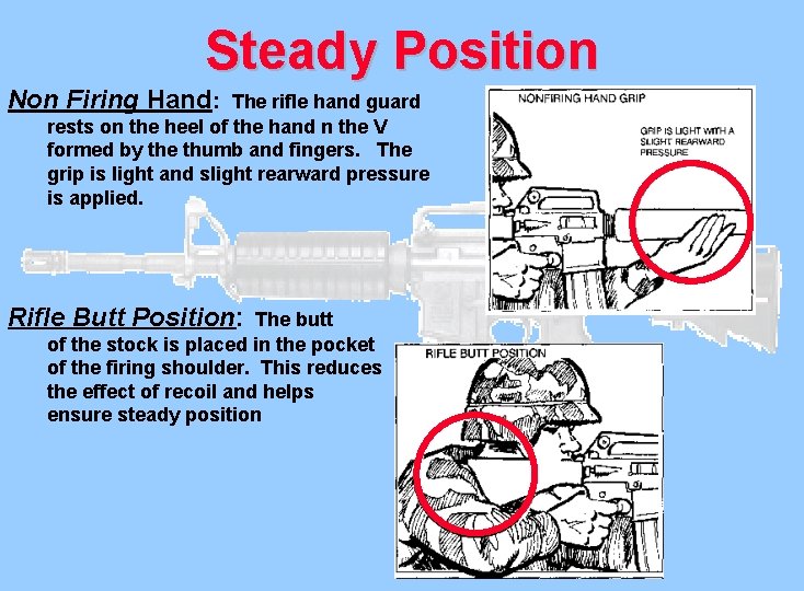Steady Position Non Firing Hand: The rifle hand guard rests on the heel of