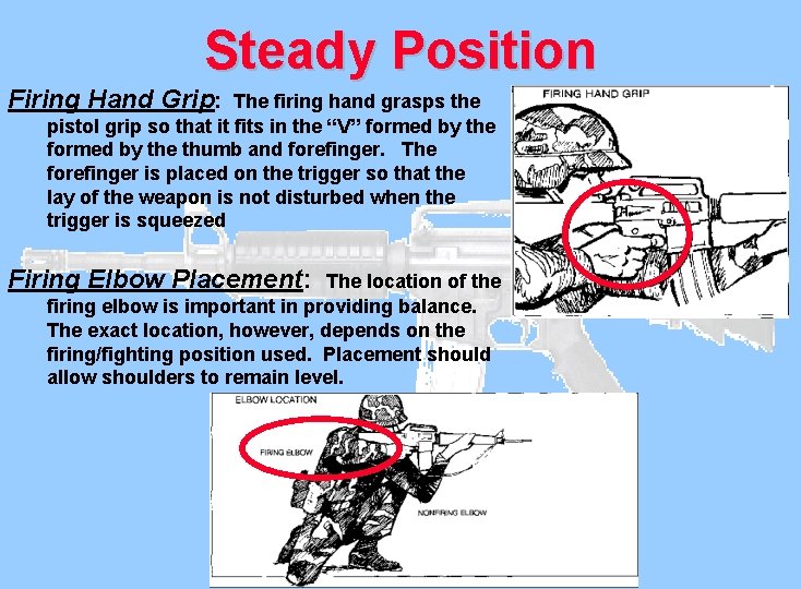 Steady Position Firing Hand Grip: The firing hand grasps the pistol grip so that