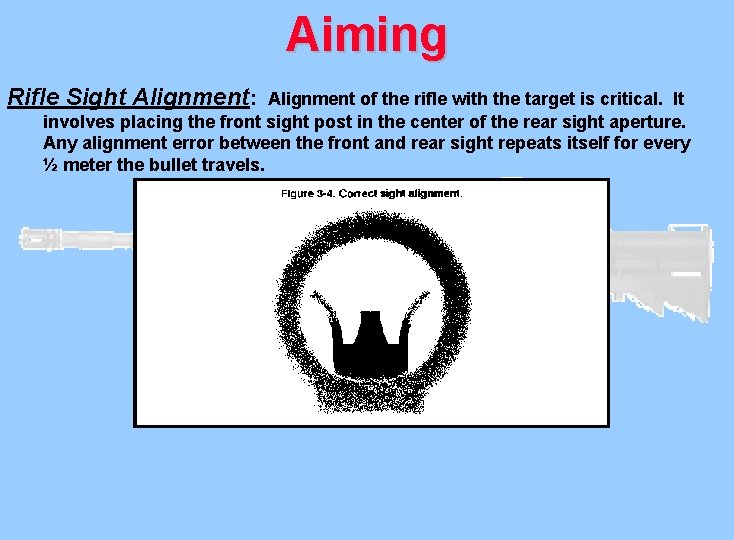 Aiming Rifle Sight Alignment: Alignment of the rifle with the target is critical. It