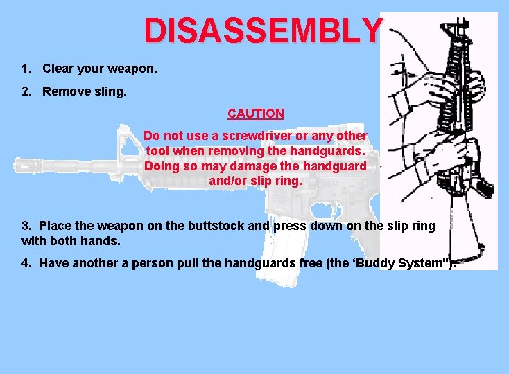 DISASSEMBLY 1. Clear your weapon. 2. Remove sling. CAUTION Do not use a screwdriver