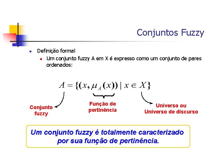 Conjuntos Fuzzy n Definição formal n Um conjunto fuzzy A em X é expresso