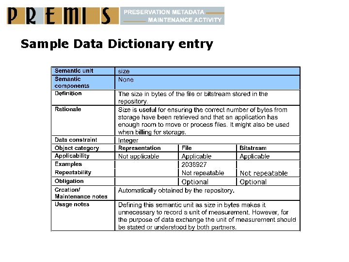 Sample Data Dictionary entry 