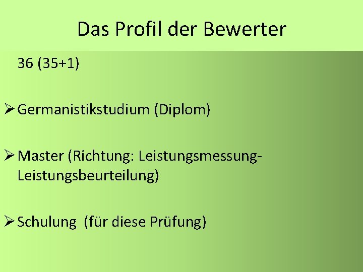Das Profil der Bewerter 36 (35+1) Ø Germanistikstudium (Diplom) Ø Master (Richtung: Leistungsmessung- Leistungsbeurteilung)