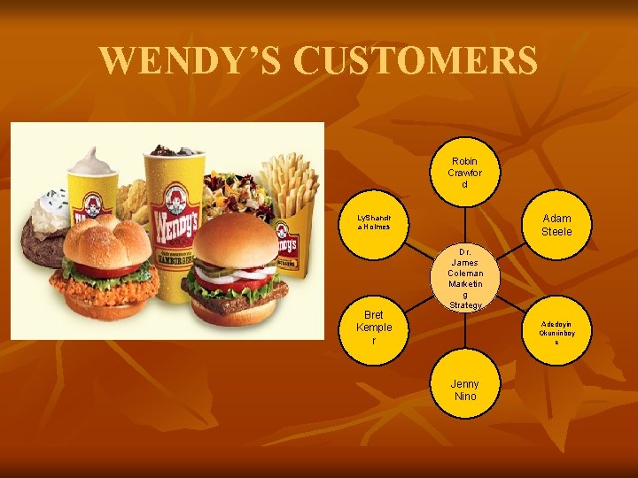 WENDY’S CUSTOMERS Robin Crawfor d Ly. Shandr a Holmes Bret Kemple r Adam Steele