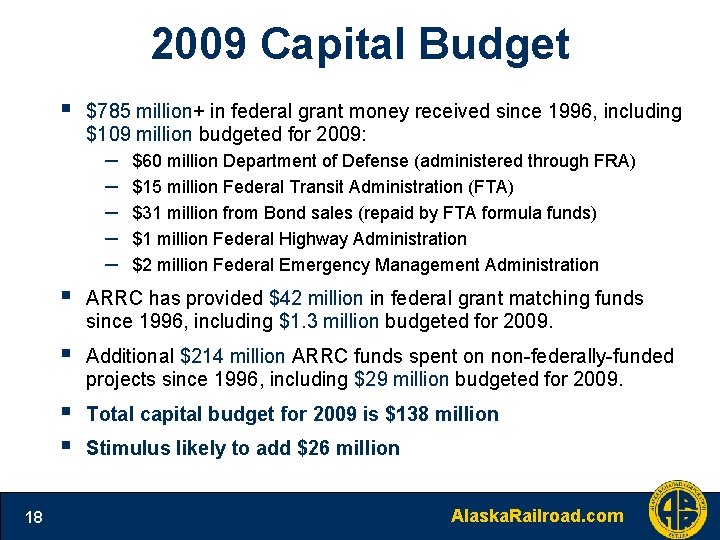 2009 Capital Budget § $785 million+ in federal grant money received since 1996, including