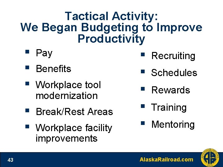 Tactical Activity: We Began Budgeting to Improve Productivity 43 § § § Pay §