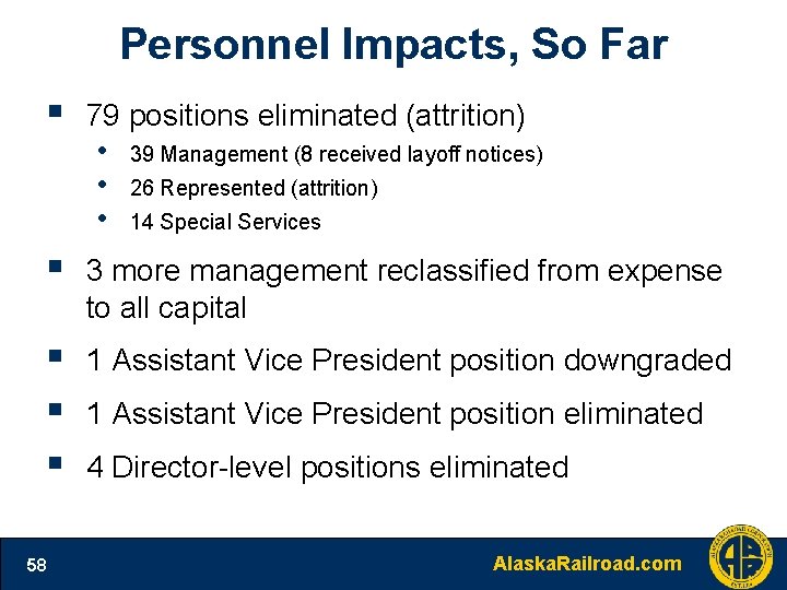 Personnel Impacts, So Far § 79 positions eliminated (attrition) • • • 39 Management