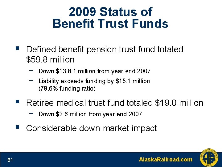 2009 Status of Benefit Trust Funds § Defined benefit pension trust fund totaled $59.