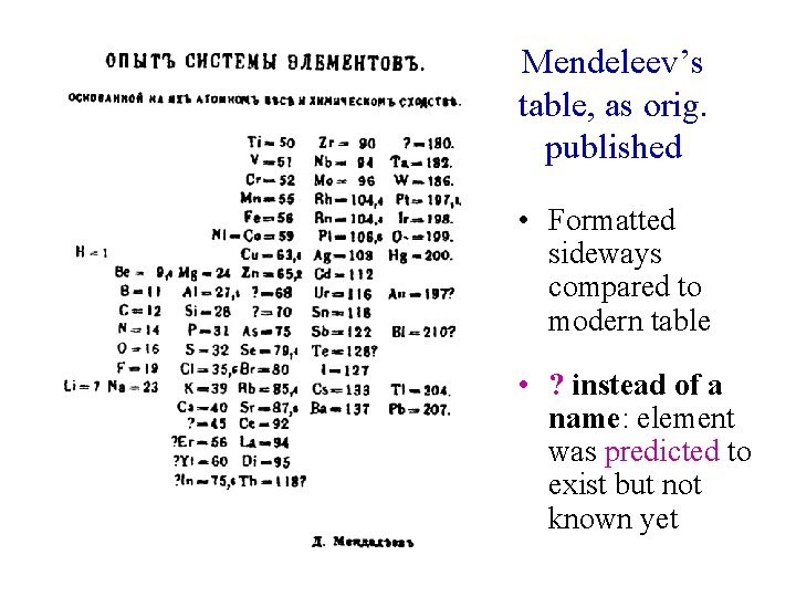 Mendeleev’s table, as orig. published • Formatted sideways compared to modern table • ?