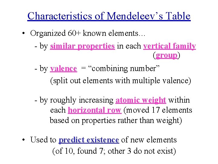 Characteristics of Mendeleev’s Table • Organized 60+ known elements… - by similar properties in