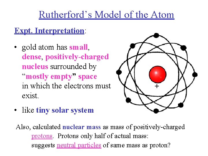 Rutherford’s Model of the Atom Expt. Interpretation: • gold atom has small, dense, positively-charged