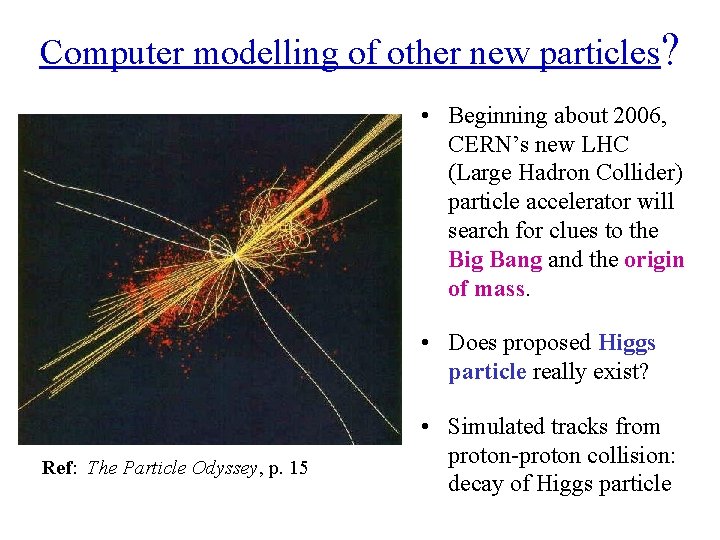 Computer modelling of other new particles? • Beginning about 2006, CERN’s new LHC (Large