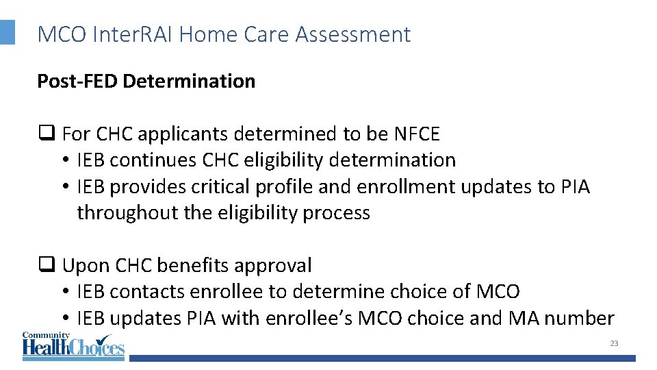 MCO Inter. RAI Home Care Assessment Post-FED Determination q For CHC applicants determined to