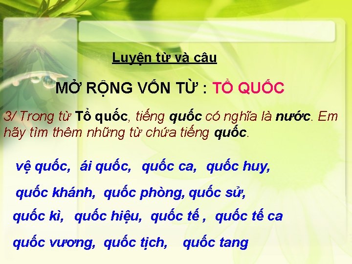 Luyện từ và câu MỞ RỘNG VỐN TỪ : TỔ QUỐC 3/ Trong từ
