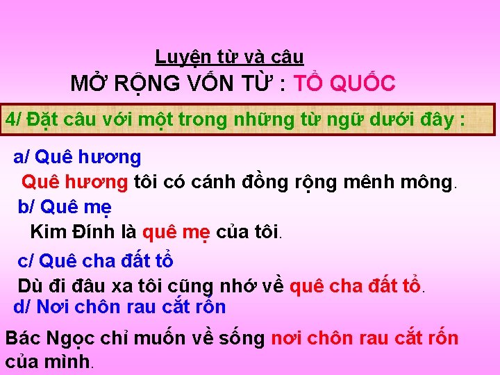 Luyện từ và câu MỞ RỘNG VỐN TỪ : TỔ QUỐC 4/ Đặt câu