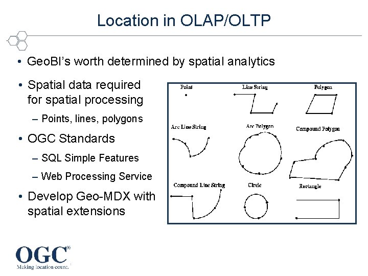 Location in OLAP/OLTP • Geo. BI’s worth determined by spatial analytics • Spatial data