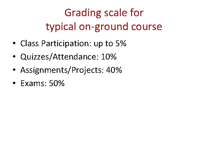 Grading scale for typical on-ground course • • Class Participation: up to 5% Quizzes/Attendance: