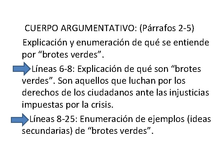 CUERPO ARGUMENTATIVO: (Párrafos 2 -5) Explicación y enumeración de qué se entiende por “brotes