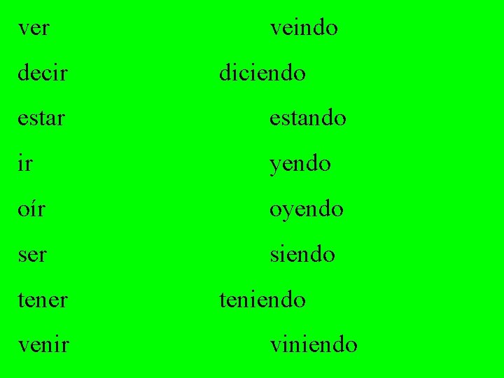 ver decir veindo diciendo estar estando ir yendo oír oyendo ser siendo tener venir