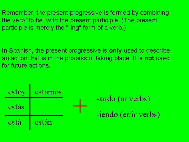Remember, the present progressive is formed by combining the verb "to be" with the