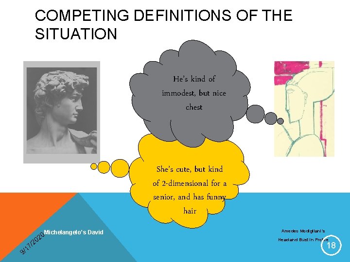 COMPETING DEFINITIONS OF THE SITUATION He’s kind of immodest, but nice chest She’s cute,