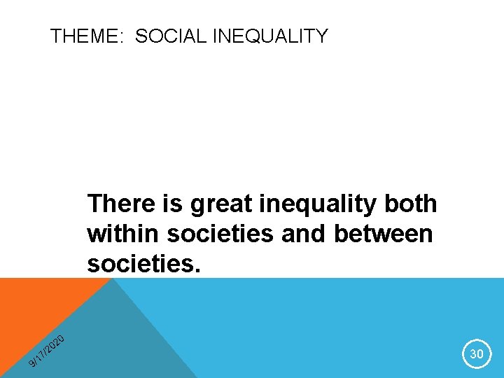 THEME: SOCIAL INEQUALITY There is great inequality both within societies and between societies. 0