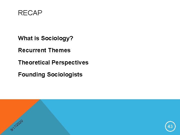 RECAP What is Sociology? Recurrent Themes Theoretical Perspectives Founding Sociologists 0 2 20 9