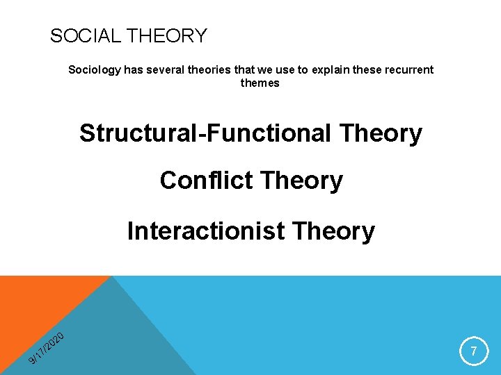SOCIAL THEORY Sociology has several theories that we use to explain these recurrent themes