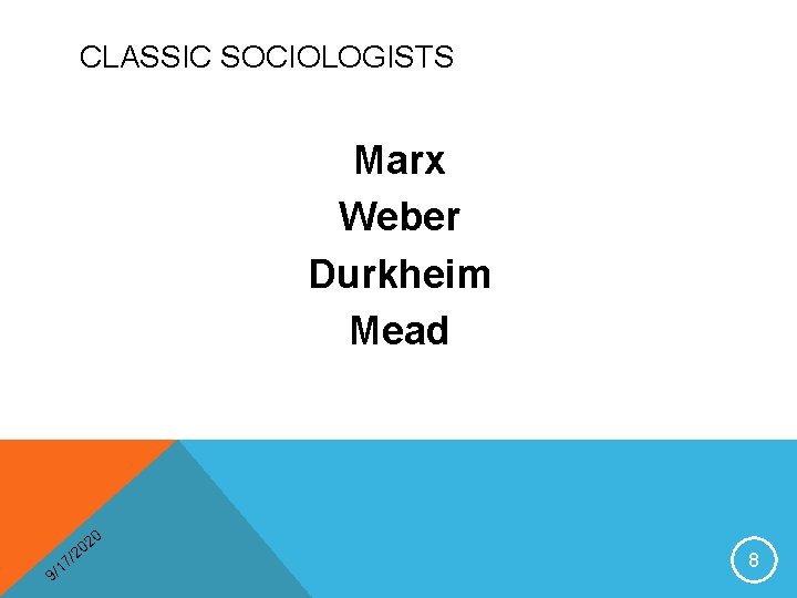 CLASSIC SOCIOLOGISTS Marx Weber Durkheim Mead 0 2 20 9 7/ 1 / 8