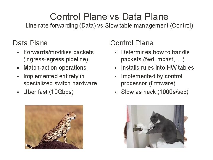 Control Plane vs Data Plane Line rate forwarding (Data) vs Slow table management (Control)