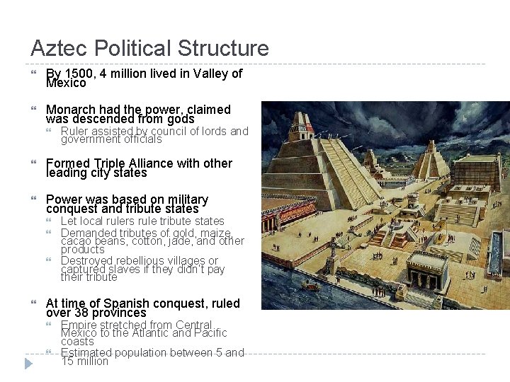 Aztec Political Structure By 1500, 4 million lived in Valley of Mexico Monarch had