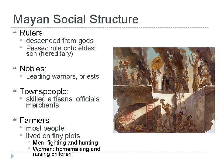 Mayan Social Structure Rulers Nobles: Leading warriors, priests Townspeople: descended from gods Passed rule