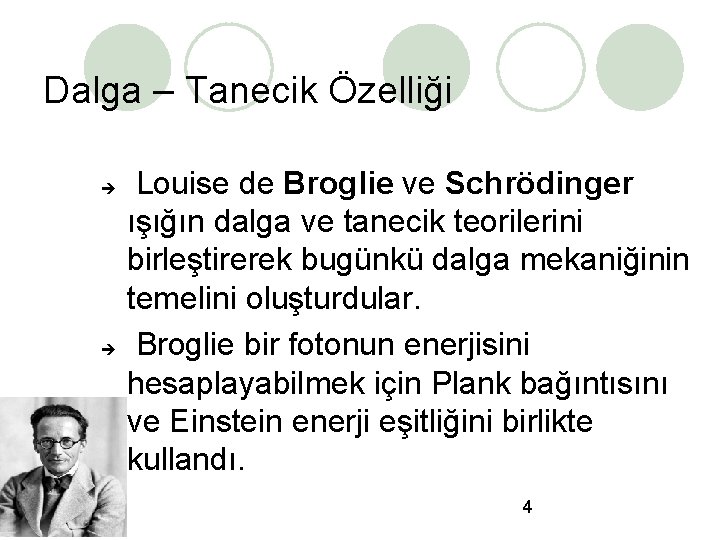 Dalga – Tanecik Özelliği Louise de Broglie ve Schrödinger ışığın dalga ve tanecik teorilerini