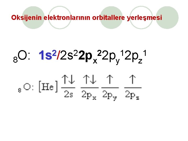Oksijenin elektronlarının orbitallere yerleşmesi 8 O: 2 2 2 1 1 1 s /2