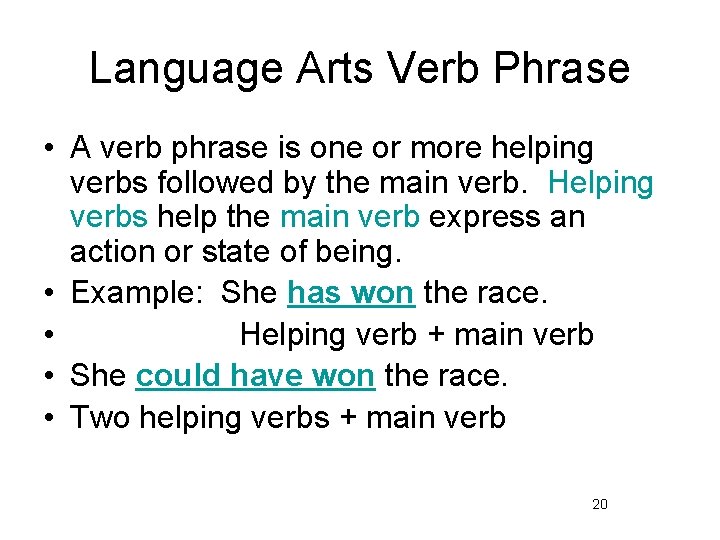 Language Arts Verb Phrase • A verb phrase is one or more helping verbs