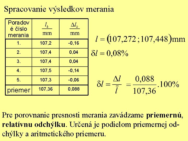 Spracovanie výsledkov merania Poradov é číslo merania 1. 107, 2 -0, 16 2. 107,