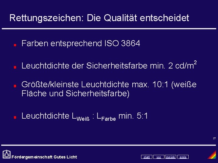 Rettungszeichen: Die Qualität entscheidet Farben entsprechend ISO 3864 Leuchtdichte der Sicherheitsfarbe min. 2 cd/m