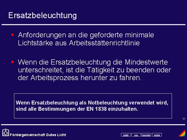 Ersatzbeleuchtung § Anforderungen an die geforderte minimale Lichtstärke aus Arbeitsstättenrichtlinie § Wenn die Ersatzbeleuchtung