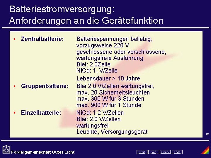 Batteriestromversorgung: Anforderungen an die Gerätefunktion § Zentralbatterie: § Gruppenbatterie: § Einzelbatterie: Fördergemeinschaft Gutes Licht