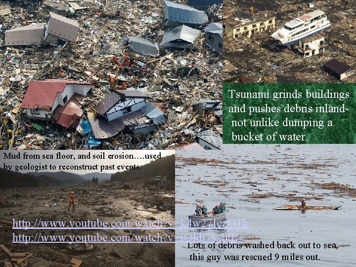 Tsunami grinds buildings and pushes debris inlandnot unlike dumping a bucket of water. Mud