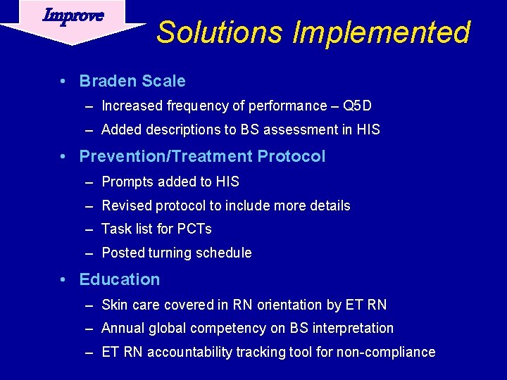 Improve Solutions Implemented • Braden Scale – Increased frequency of performance – Q 5